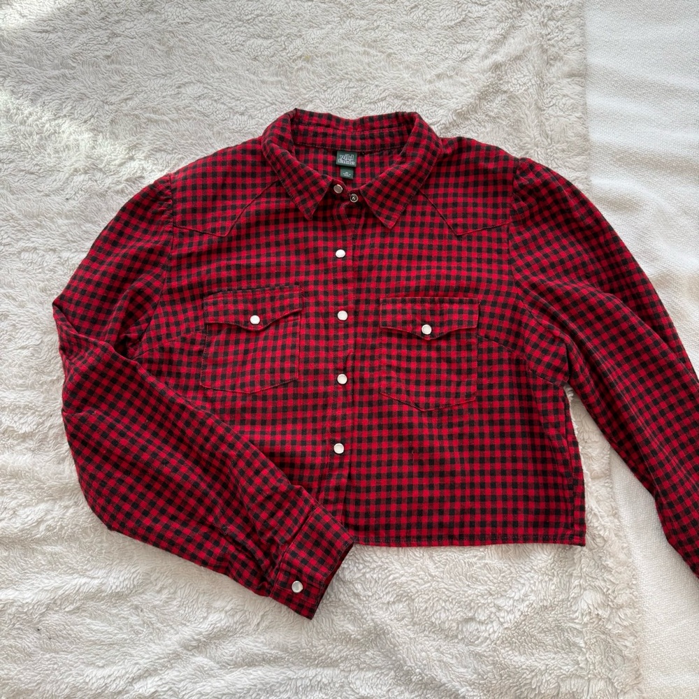 Red & Black Plaid Cropped Flannel Button Down Shirt